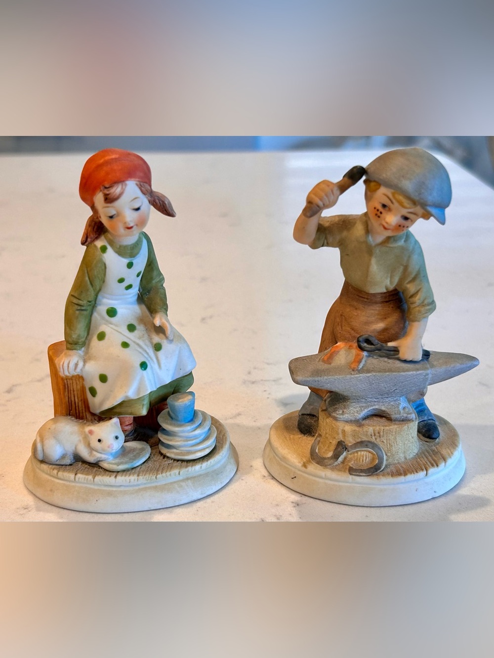 New Trends, Inc Taiwan Vintage Boy with Anvil and Girl with Cat and Dishes